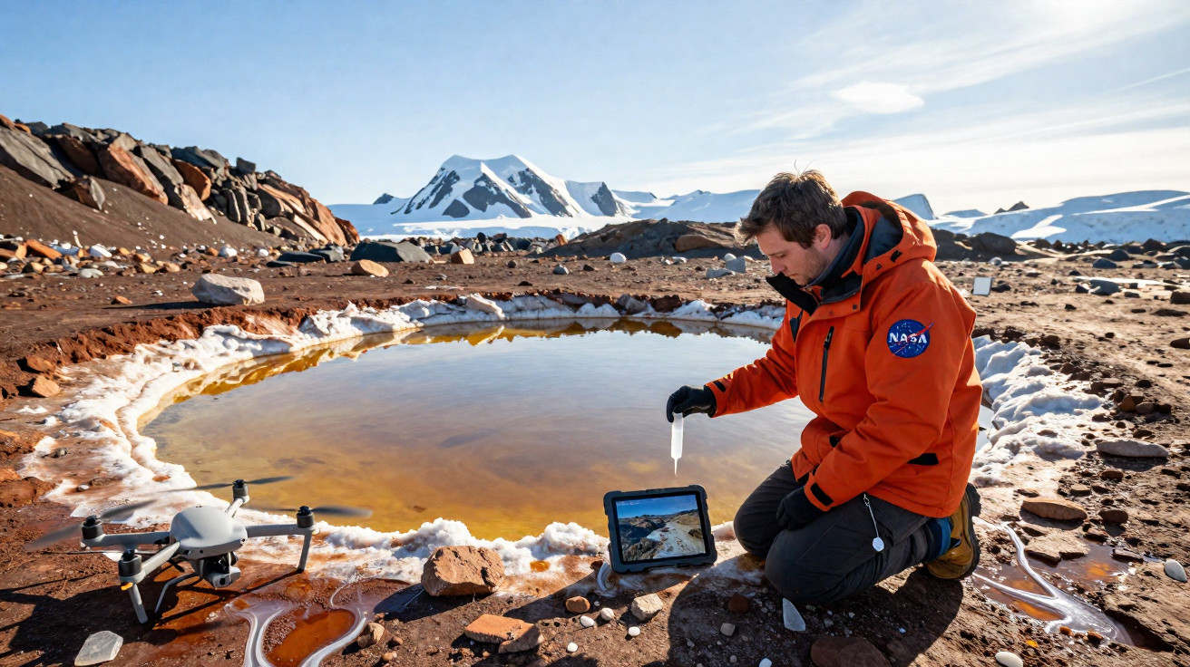 Homem com jaqueta laranja e logo da NASA coleta amostra perto de lago congelado em paisagem montanhosa nevada.