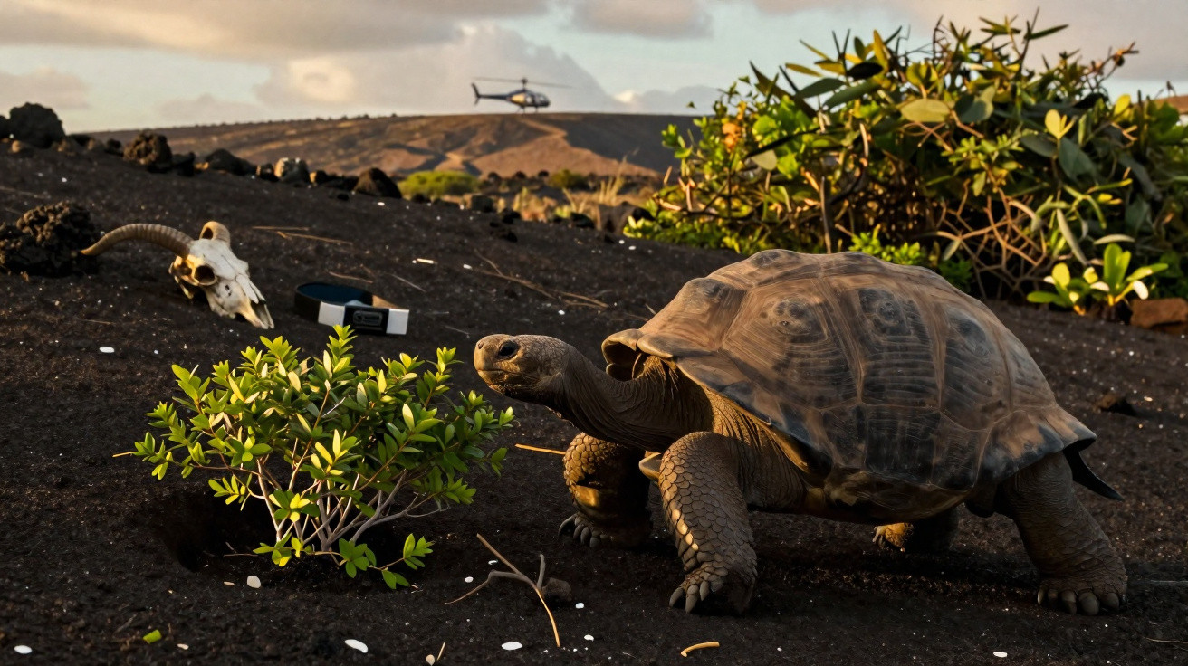 Tartaruga terrestre caminhando em solo vulcânico com planta, crânio e helicóptero ao fundo ao entardecer.