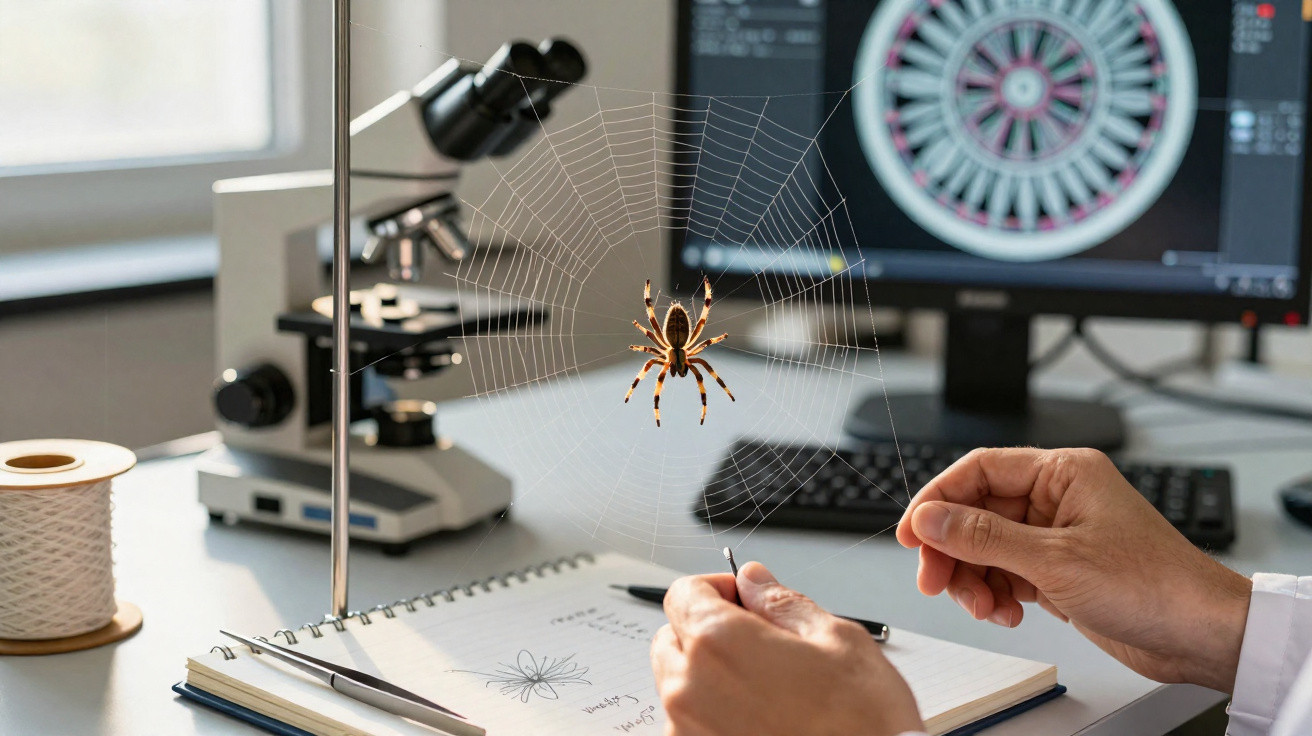 Pessoa manipulando teia de aranha próxima a microscópio, com computador e caderno de anotações ao fundo.