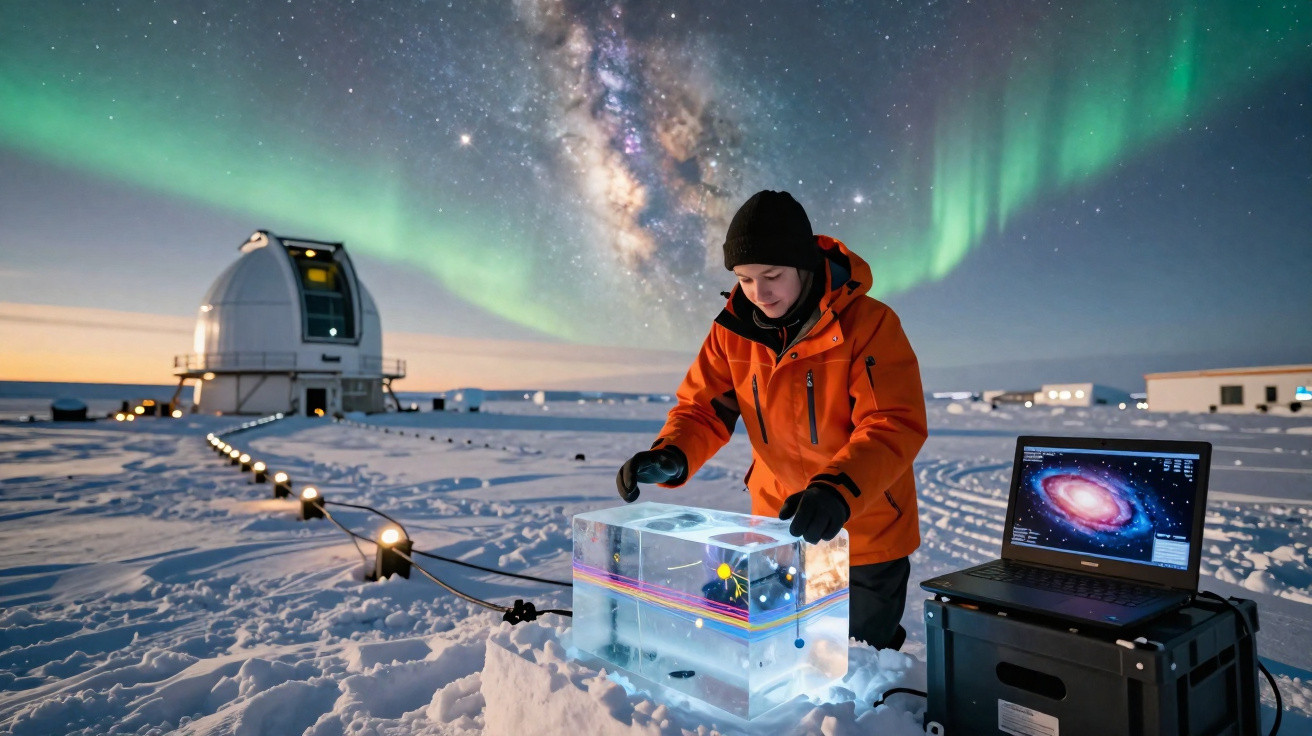 Pessoa com roupas de frio opera equipamento científico na neve com aurora boreal e telescópio ao fundo à noite.