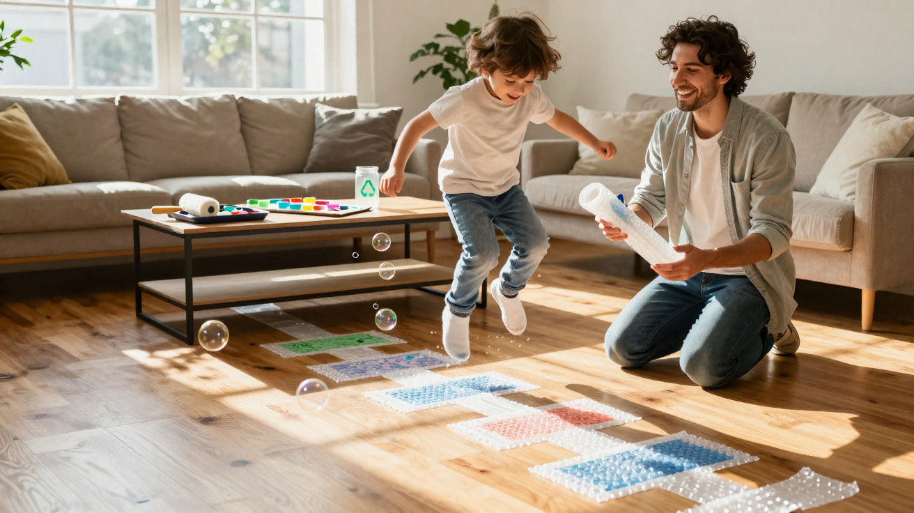 Pai e filho brincando de pular sobre bolhas de plástico estouráveis em sala iluminada com sofá e mesa.