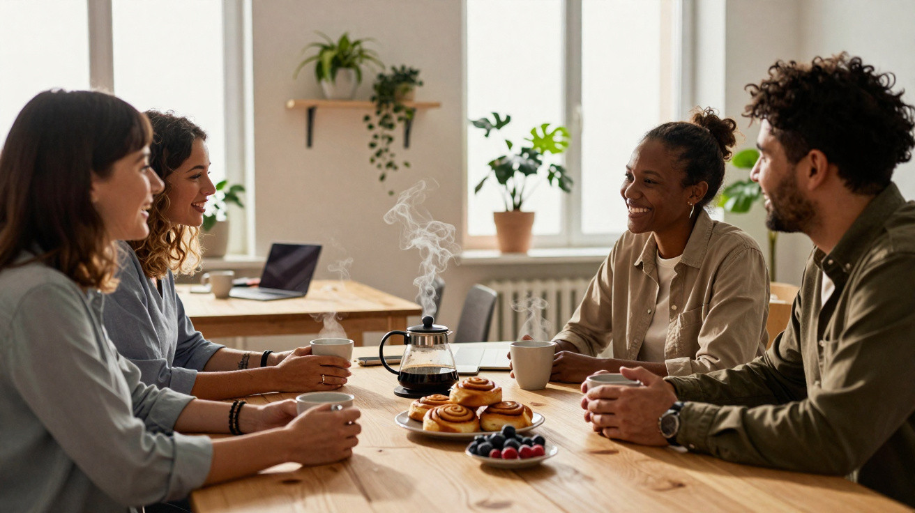 Quatro pessoas conversando e tomando café ao redor de uma mesa com doces e plantas ao fundo.