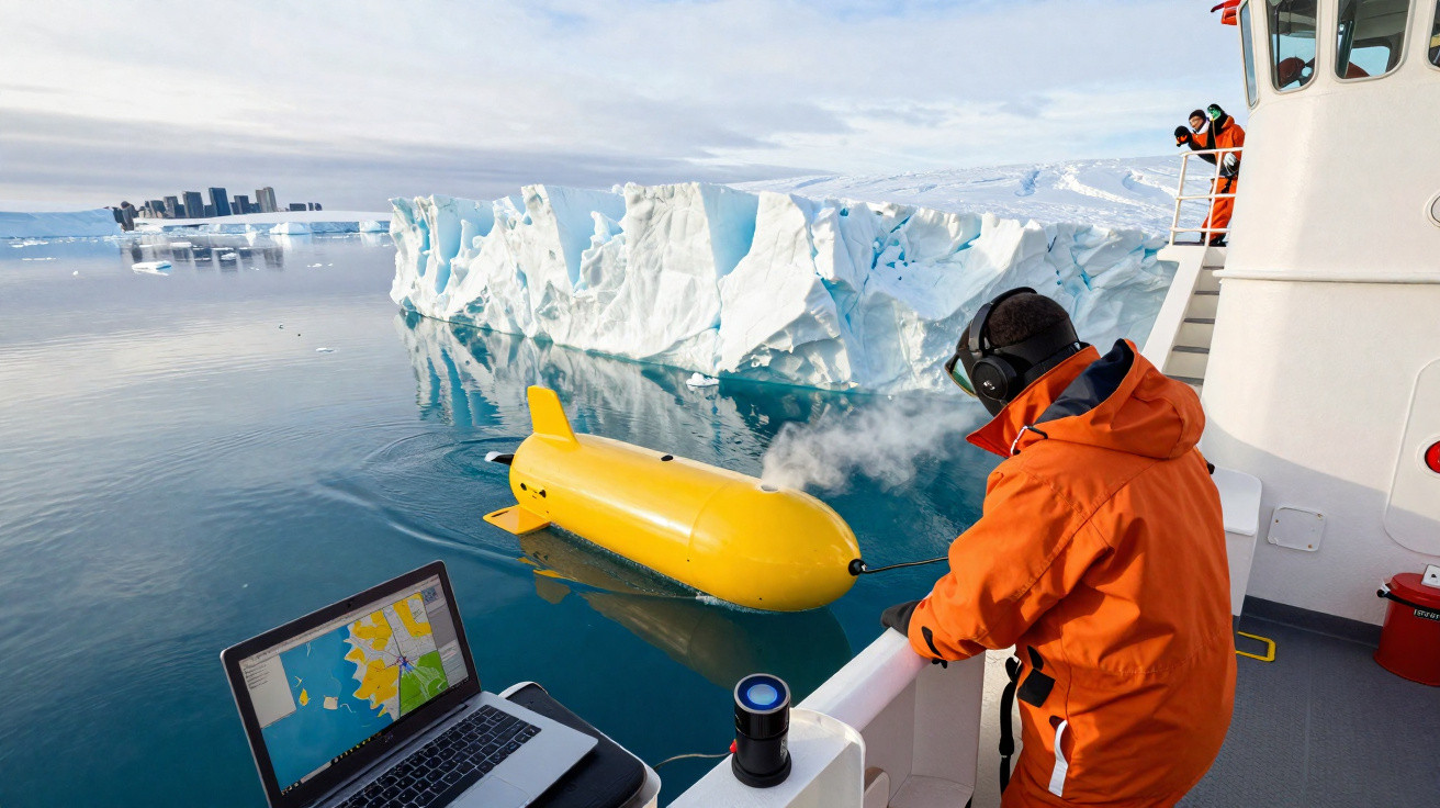 Personagem com casaco laranja opera veículo subaquático amarelo perto de iceberg em mar calmo com laptop.