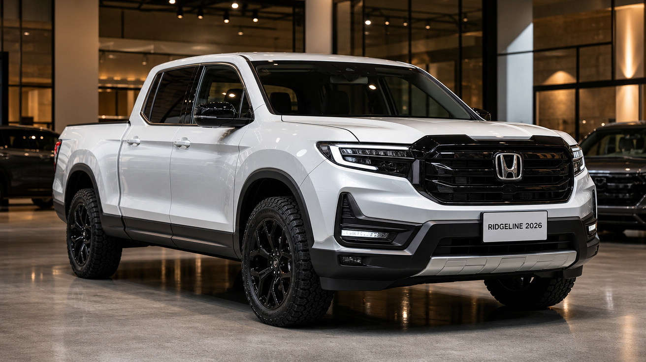 Picape Honda Ridgeline 2026 branca estacionada em showroom moderno com pneus pretos robustos.