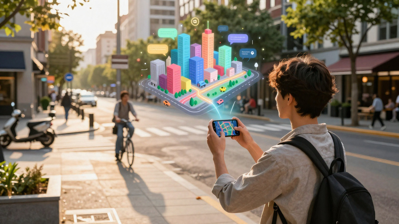 Jovem com mochila usando smartphone que projeta modelo 3D colorido de uma cidade em rua urbana.