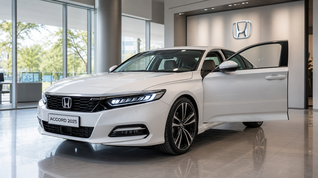 Carro branco Honda Accord 2025 com porta dianteira aberta em showroom moderno e iluminado.