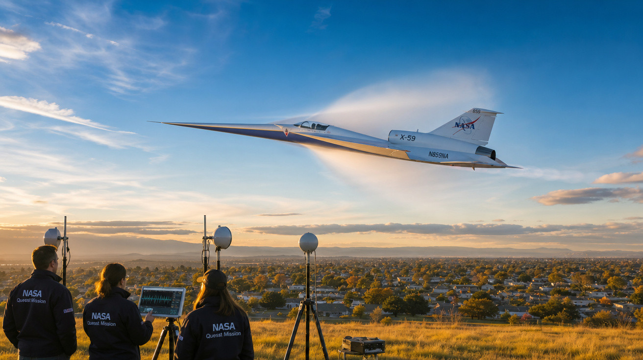 Avião experimental X-59 da NASA voando ao entardecer com equipe observando e equipamentos ao solo.