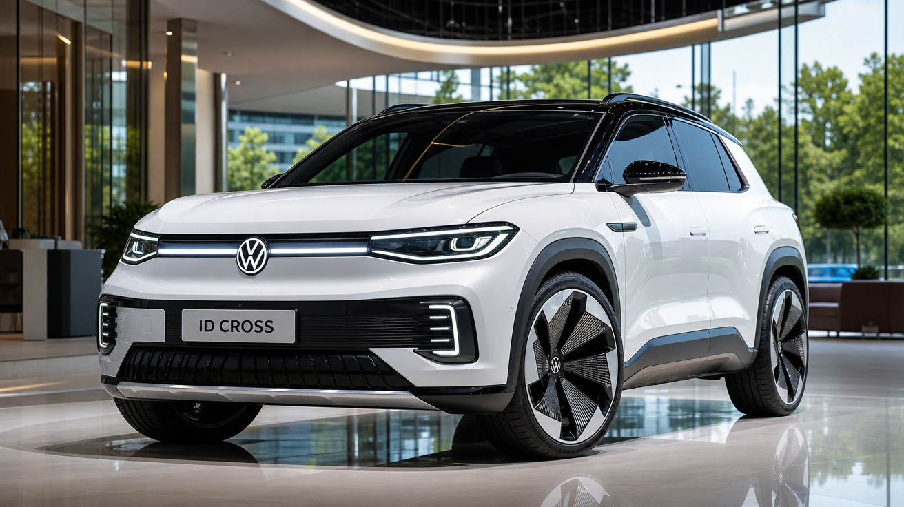 Carro elétrico Volkswagen ID Cross branco exibido em showroom moderno iluminado.
