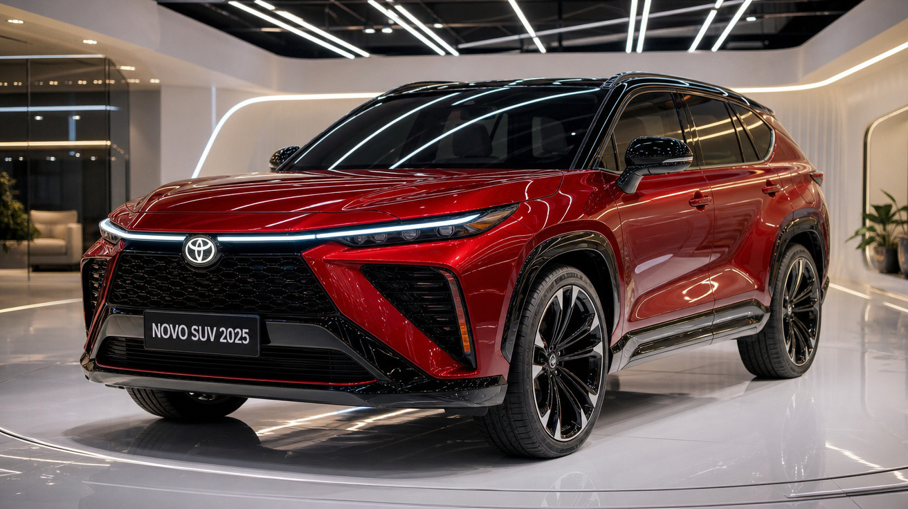 SUV Toyota vermelho 2025 em exposição com design moderno e rodas grandes preta e prata.