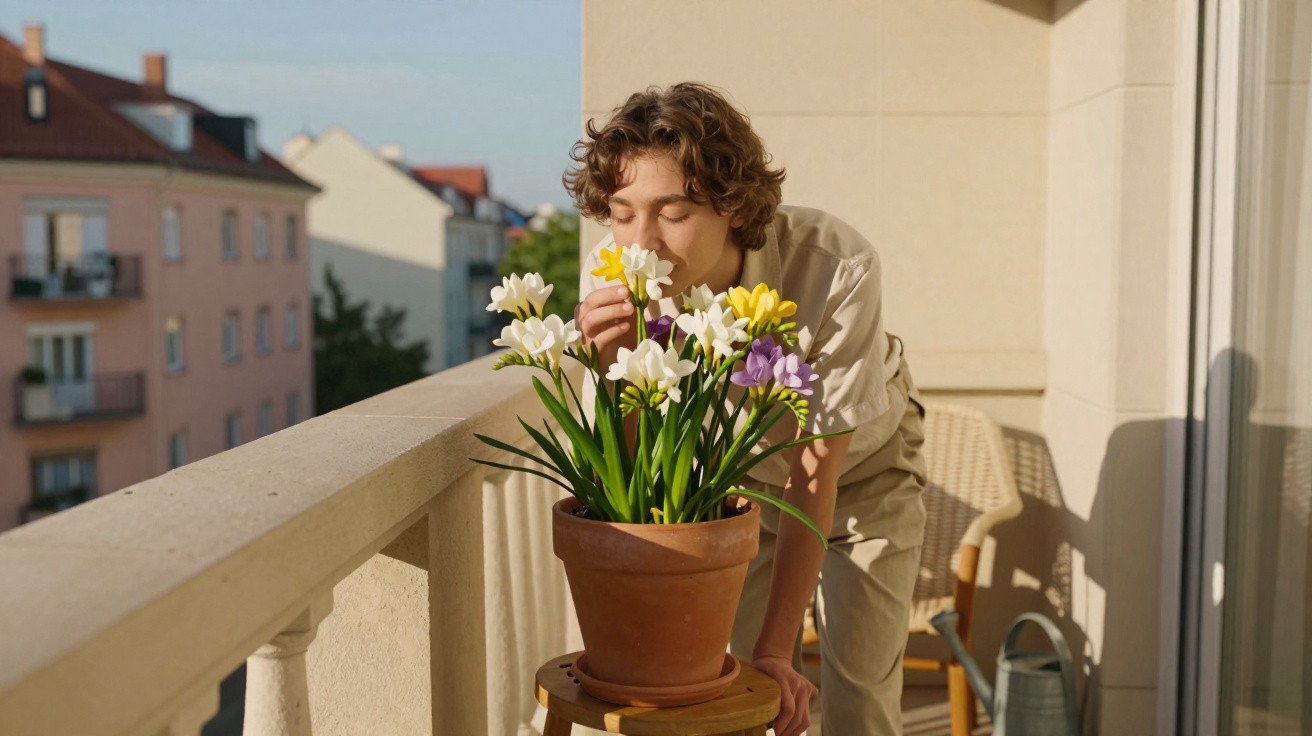 Jovem cheirando flores coloridas em vaso terra na varanda ensolarada de apartamento urbano.