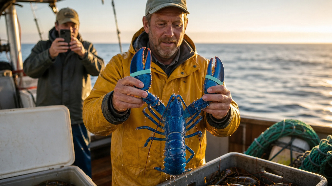 Pescador de jaqueta amarela segurando uma lagosta azul no convés de barco ao pôr do sol.