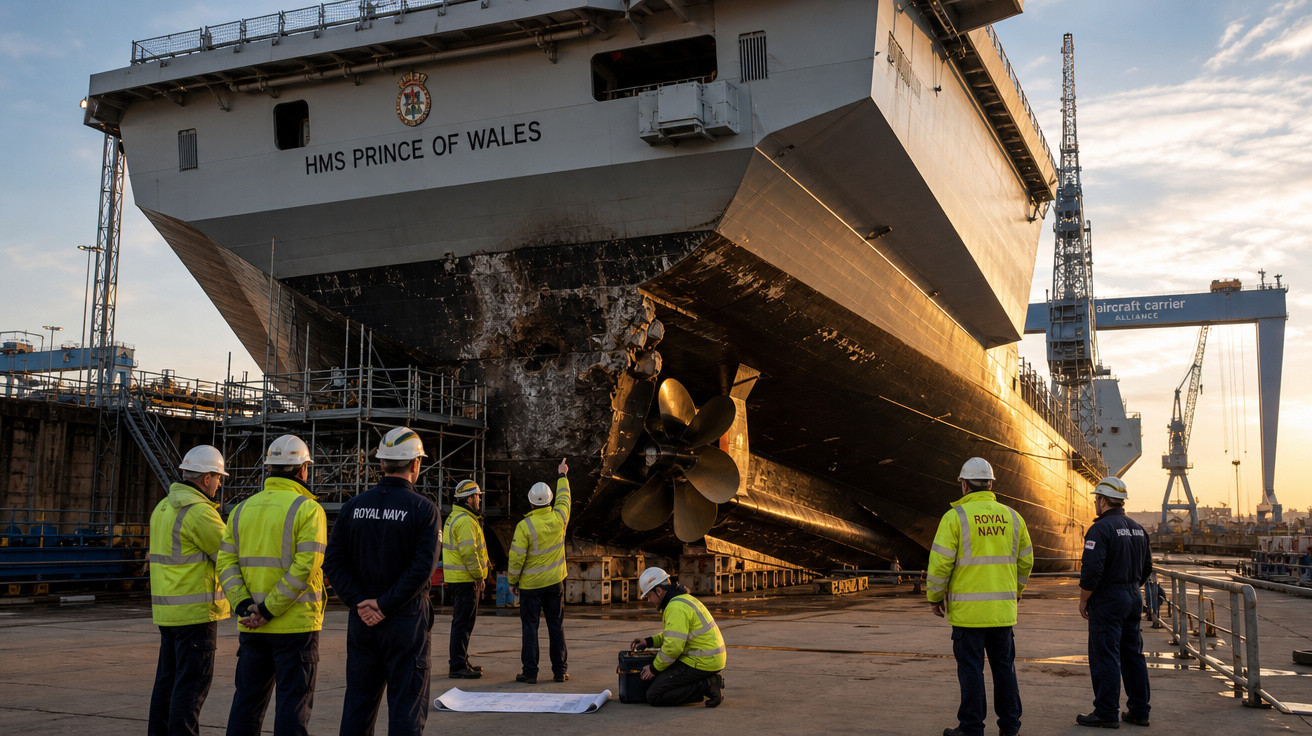 Equipe da Marinha Real inspeciona o convés e hélice do navio HMS Prince of Wales no porto ao pôr do sol.