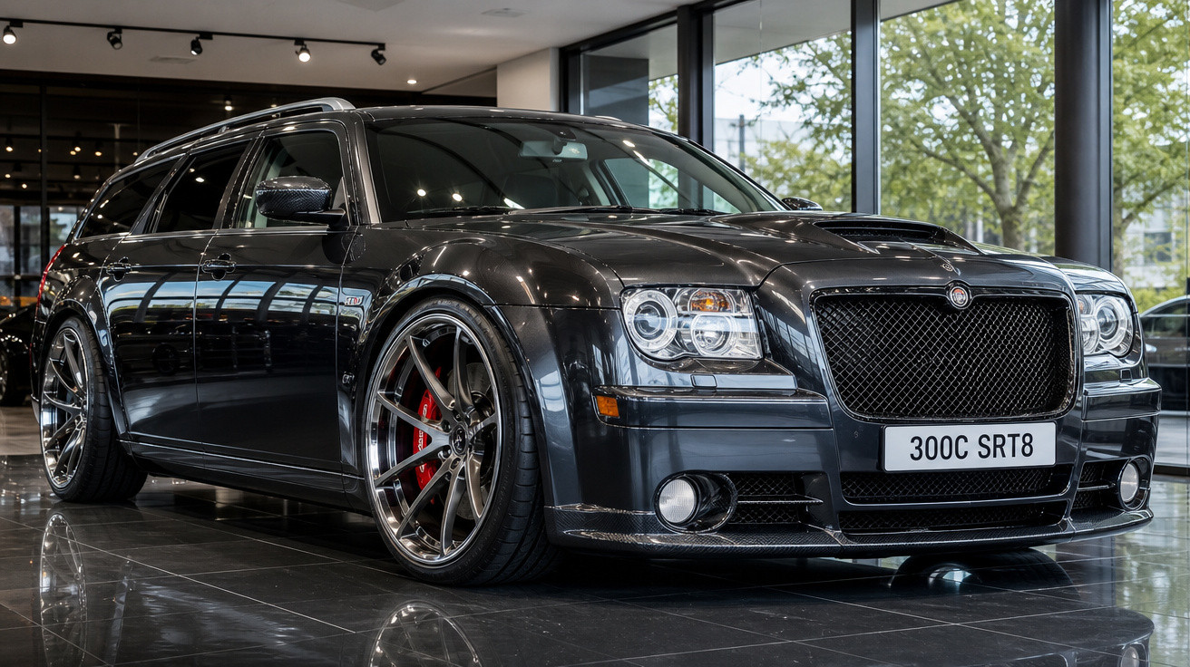 Carro preto Chrysler 300C SRT8 esportivo exibido em showroom com rodas grandes e freios vermelhos.