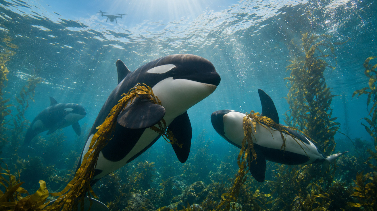 Orcas nadando entre algas marinhas em águas claras com drone ao fundo.
