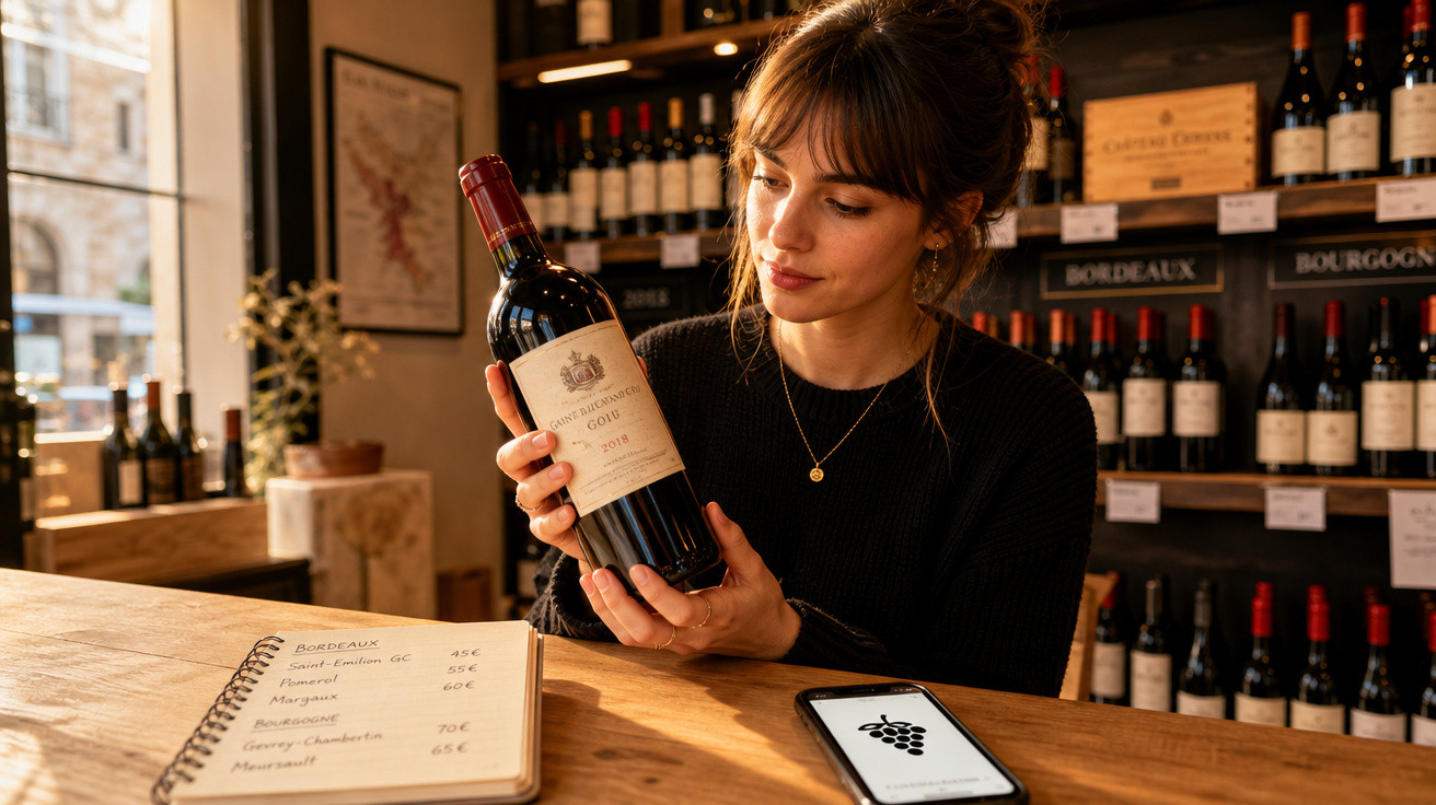 Mulher analisando garrafa de vinho em loja com prateleiras cheias e lista de preços à frente.