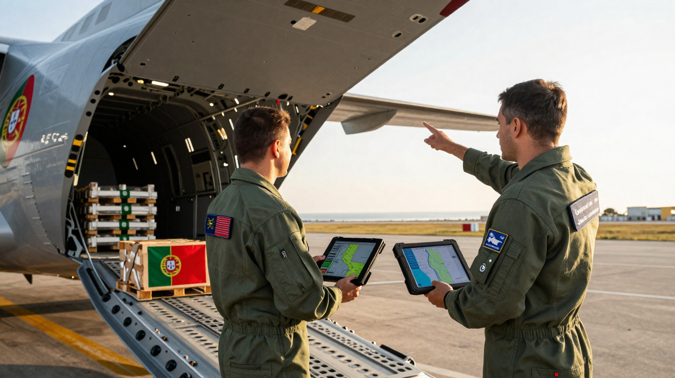 Dois militares com tablets observam e apontam para um avião militar com caixa sinalizada com a bandeira de Portugal.