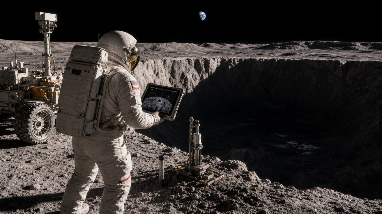 Astronauta em traje espacial usando tablet na superfície lunar perto de cratera, com Terra ao fundo no espaço.