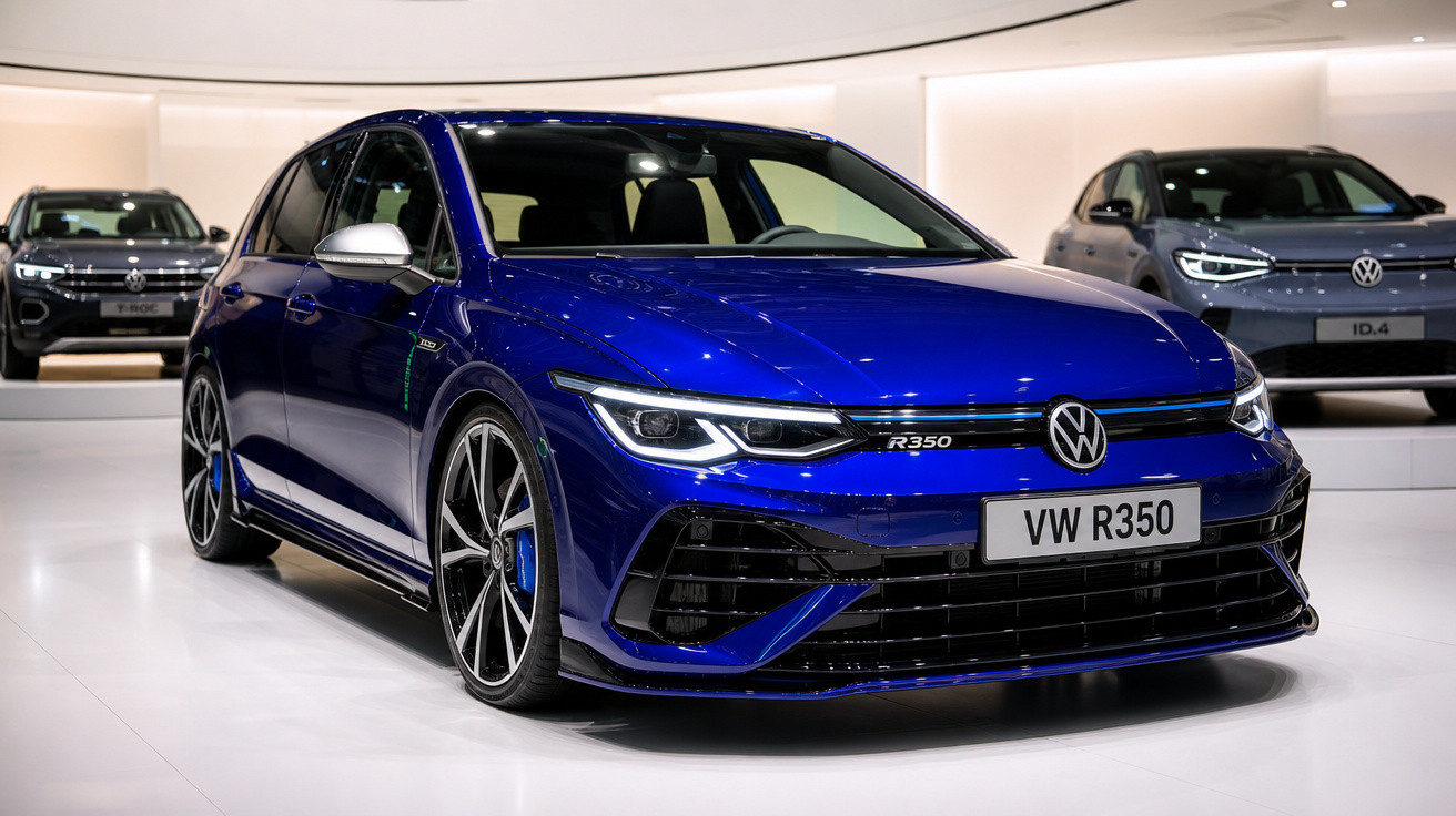 Carro azul Volkswagen VW R350 exposto em ambiente interno com outros veículos ao fundo.