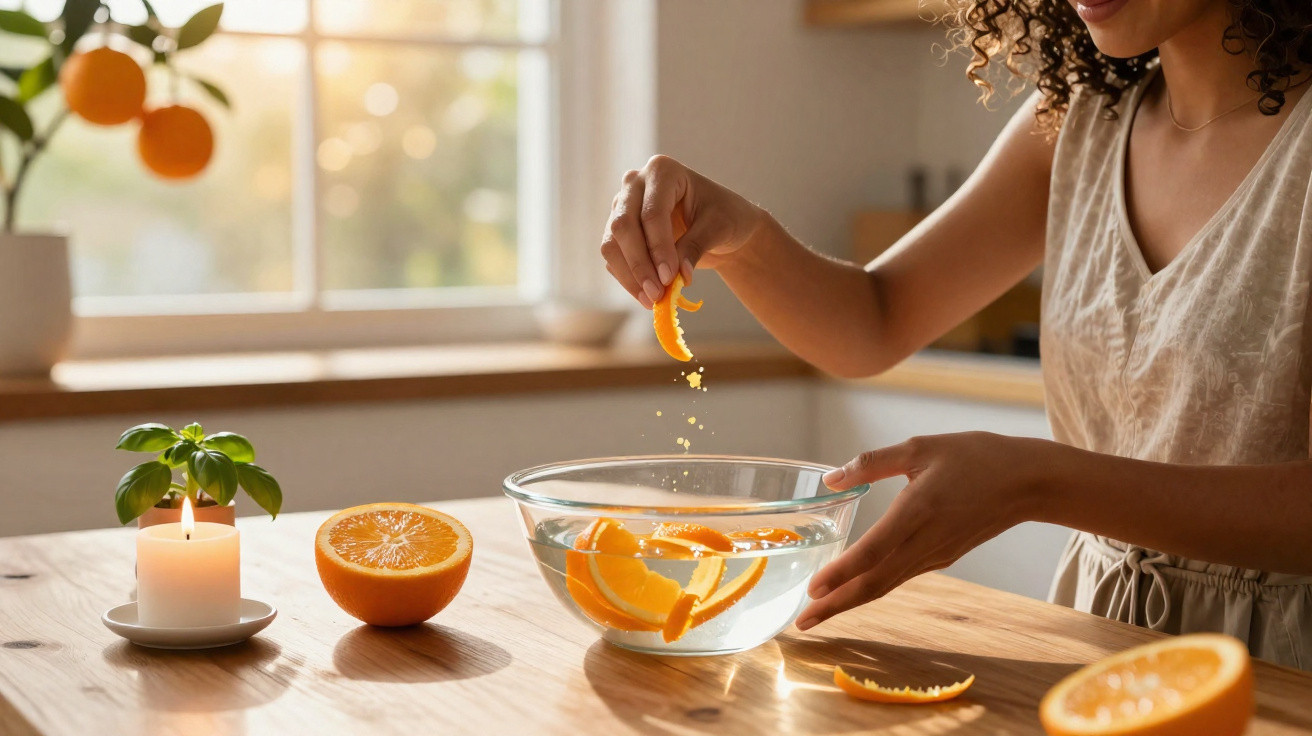 Pessoa espremendo casca de laranja em uma tigela com água em uma mesa de madeira iluminada.