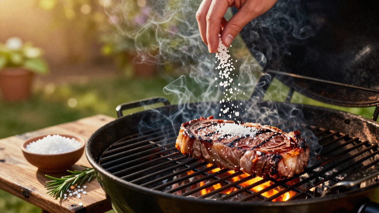 Pedaço de carne sendo grelhado em churrasqueira com sal sendo salpicado por uma mão.
