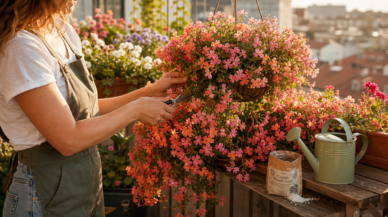Mulher cuidando e podando flores rosas em varanda com plantas e regador verde ao lado.