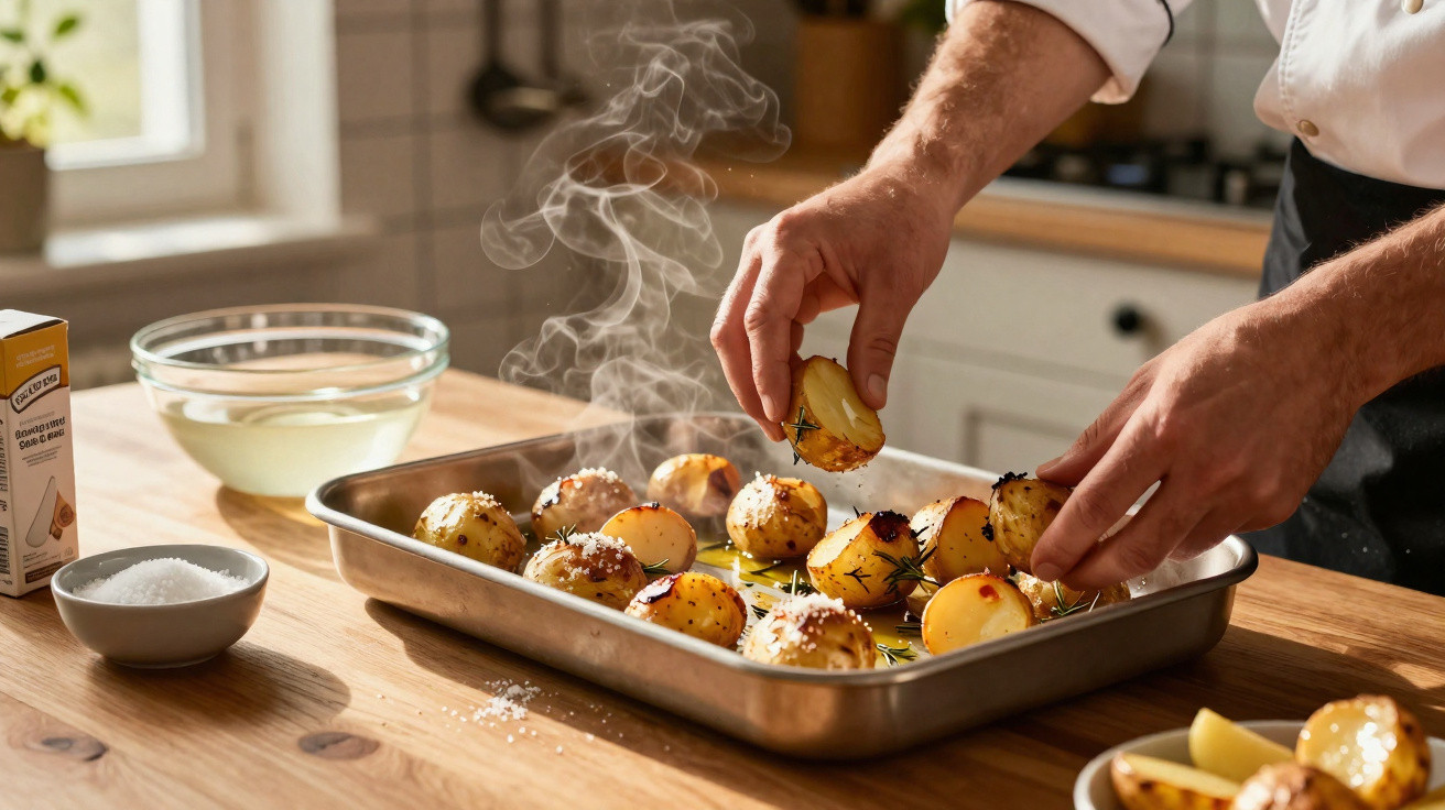 Mãos de chef temperam batatas assadas em assadeira com ervas e sal em cozinha iluminada.