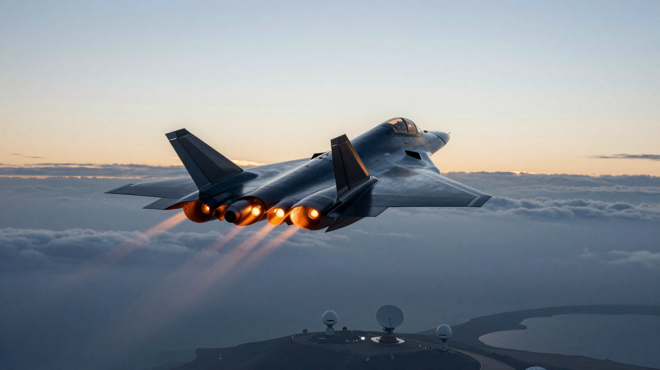 Aeronave militar de combate voando acima das nuvens ao pôr do sol com motores em chamas.