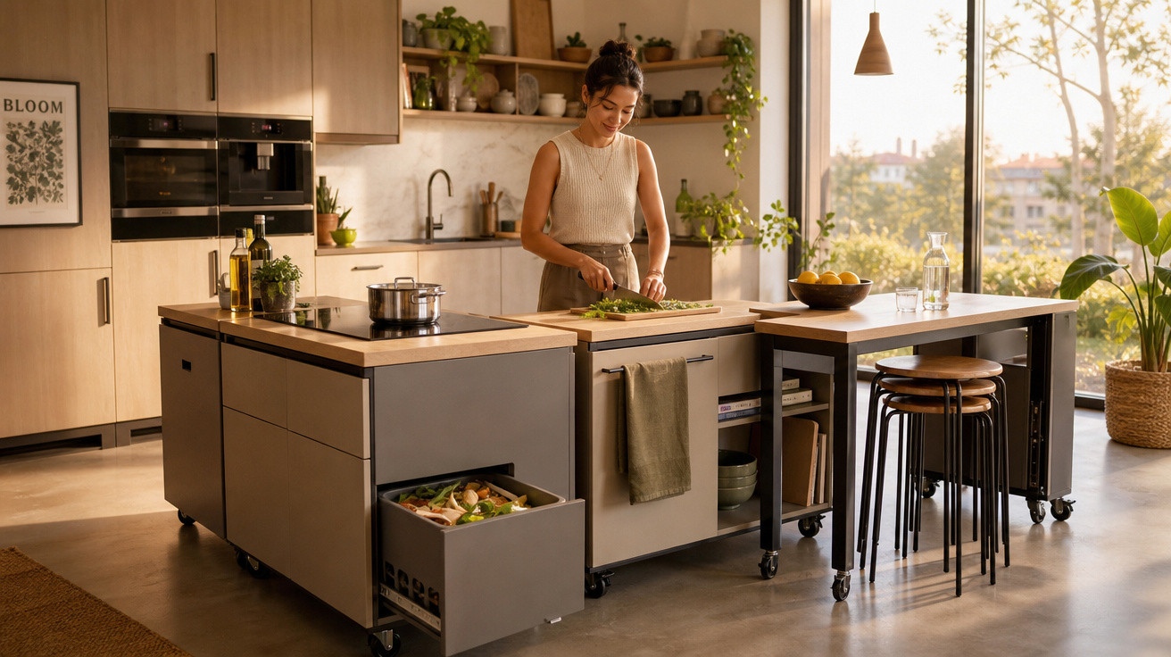 Mulher preparando alimentos em cozinha moderna com ilha, luz natural e plantas decorativas.