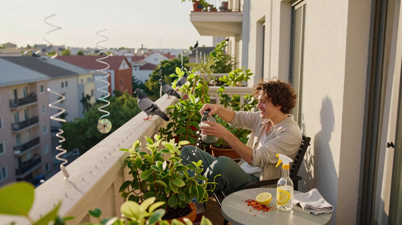 Jovem regando plantas em varanda ensolarada com pombos no parapeito e cidade ao fundo.