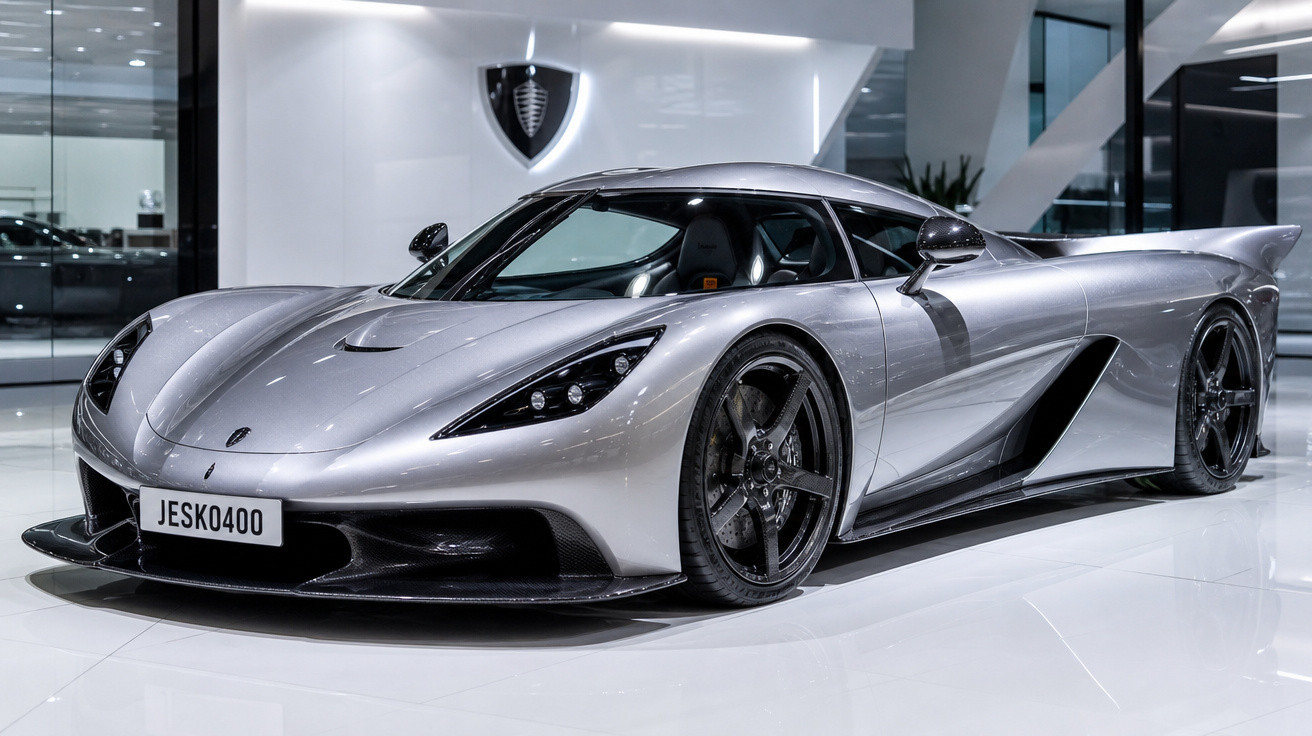 Carro esportivo prateado Koenigsegg Jesko estacionado em showroom moderno e iluminado.