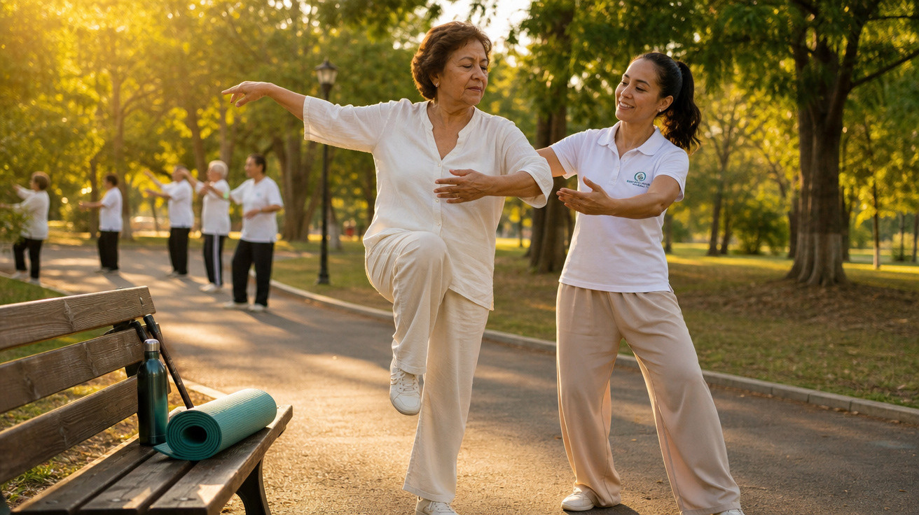 Mulher idosa praticando tai chi no parque com instrutora ao lado durante amanhecer ensolarado.