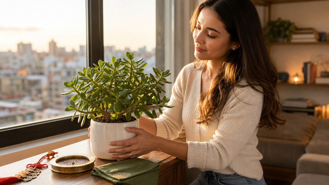Mulher cuidando de planta suculenta em vaso branco próxima à janela ao pôr do sol.