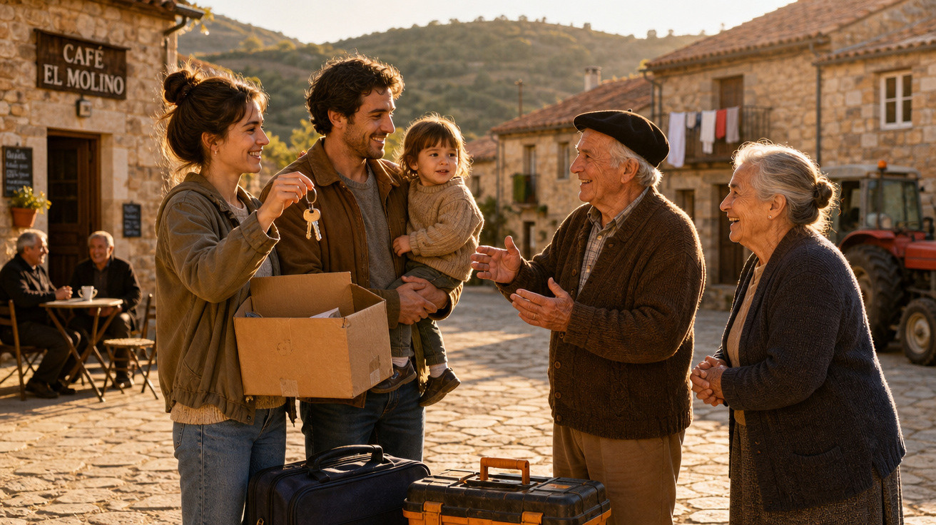 Família feliz chegando em vilarejo, segurando chaves e caixa, sendo recebida calorosamente por idosos.