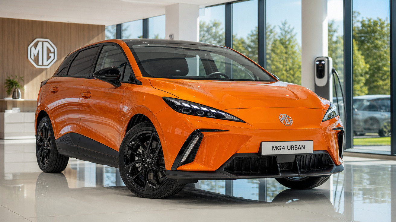 Carro elétrico MG4 Urban laranja em showroom com rodas pretas e painel de madeira ao fundo.