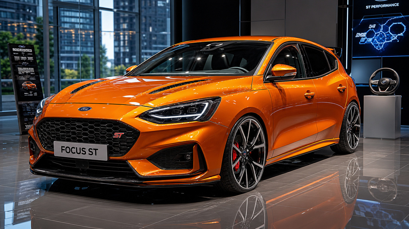Carro esportivo Ford Focus ST laranja em exposição em showroom moderno com chão de porcelanato.