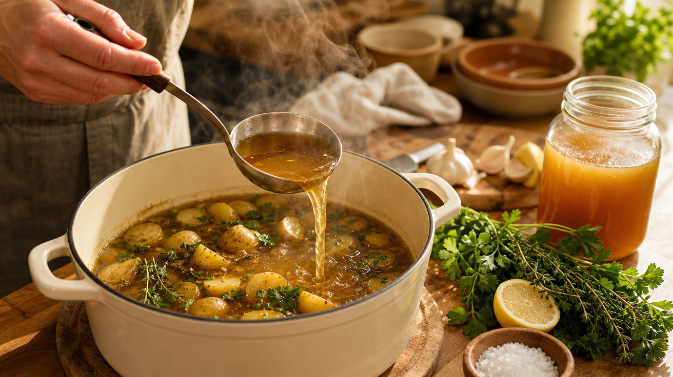 Mão servindo caldo quente de sopa com batatas e ervas em panela branca sobre mesa de madeira.