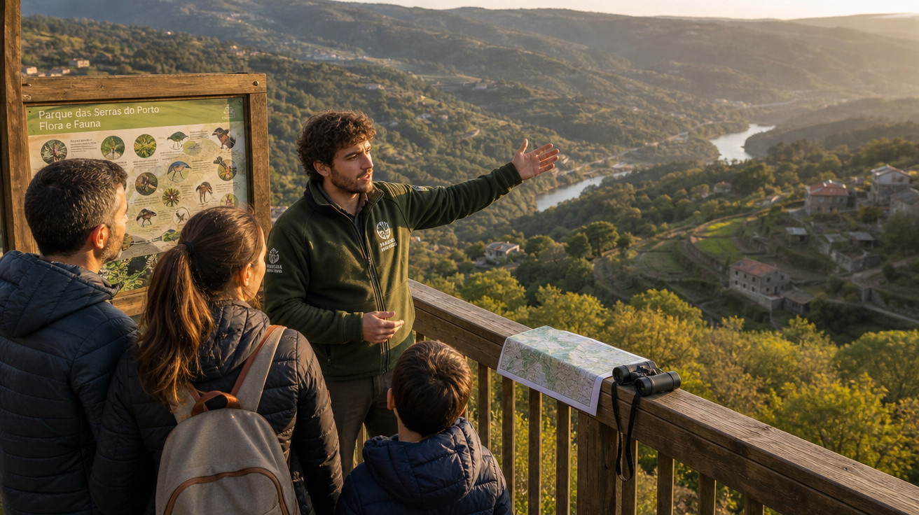 Guia explica paisagem para grupo em mirante no Parque das Serras do Porto ao entardecer.