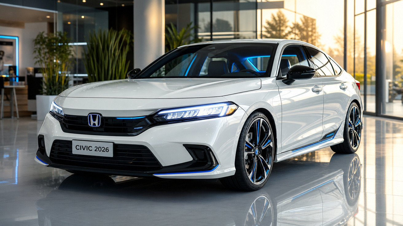 Carro branco Honda Civic 2026 estacionado em showroom moderno com luz natural e plantas ao fundo.
