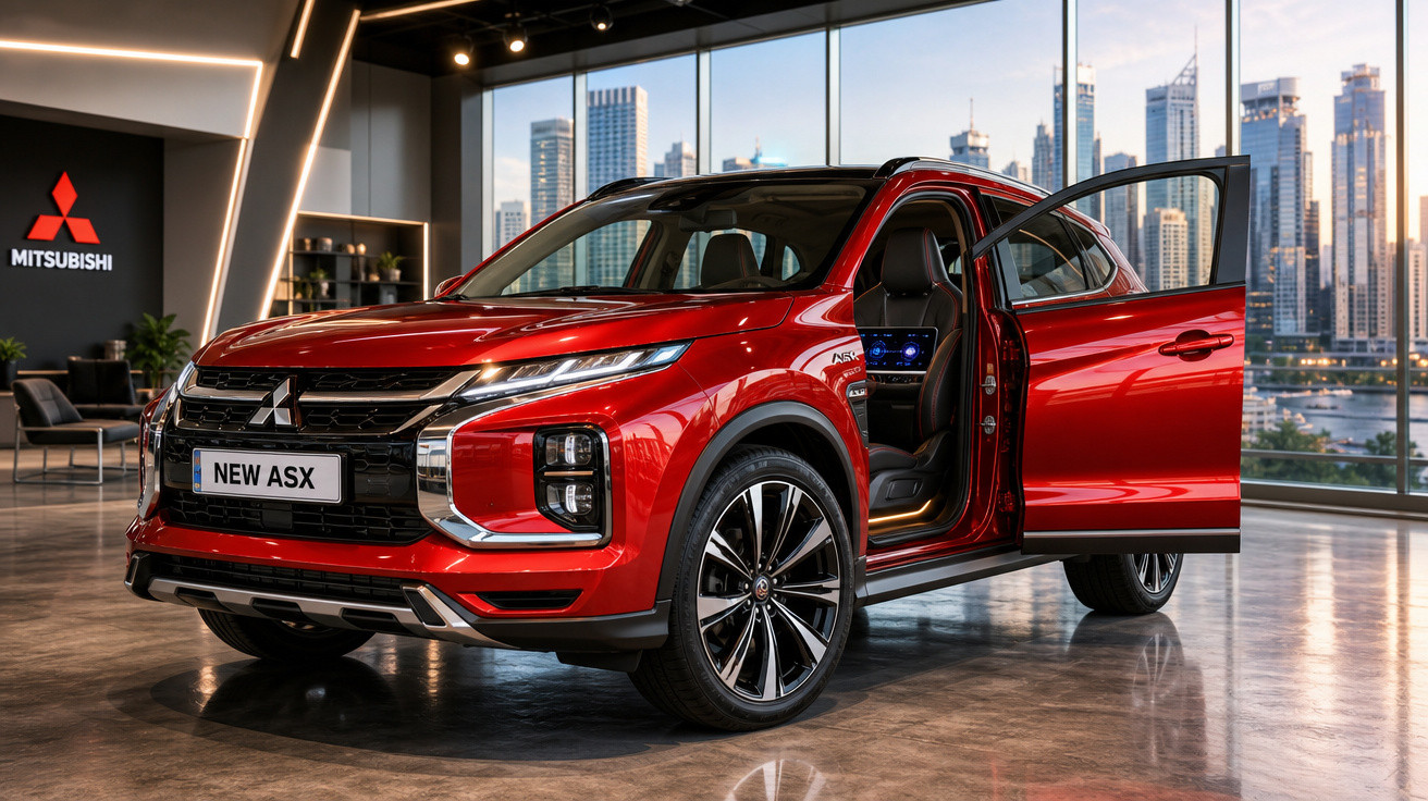 Carro SUV vermelho Mitsubishi New ASX com porta dianteira aberta, exibido em showroom moderno com vista da cidade.