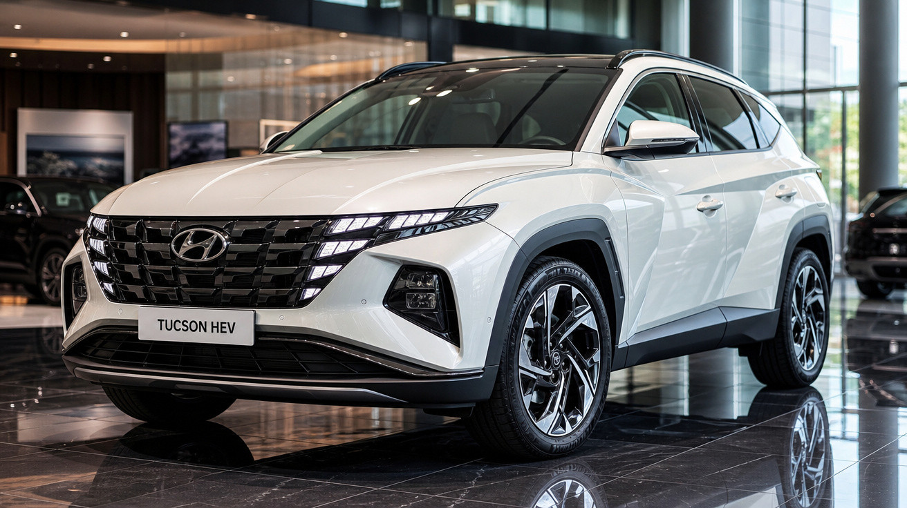 SUV branco Hyundai Tucson HEV exibido em showroom moderno com piso refletivo e paredes de vidro.