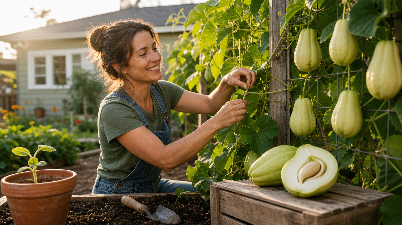 Mulher sorridente cuidando de chuchus plantados em uma horta caseira ao ar livre.