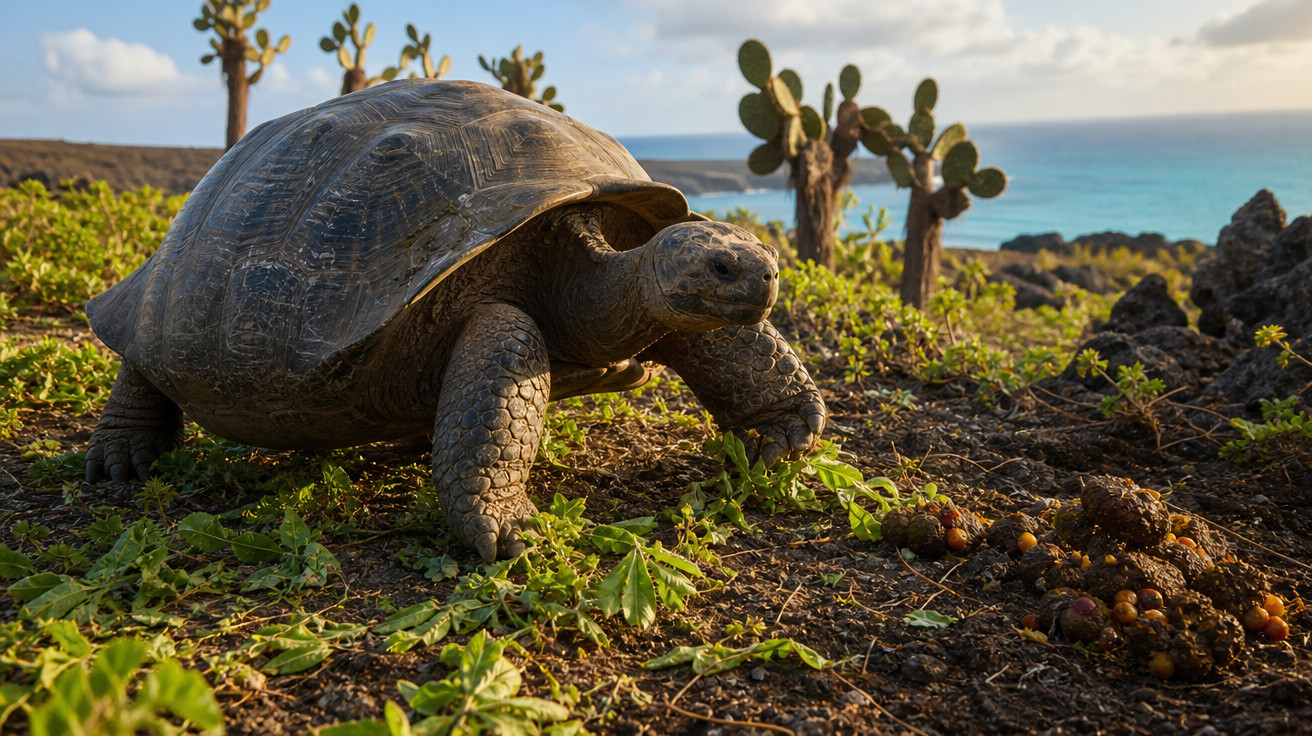 Tartaruga gigante caminhando em área com plantas, cactos ao fundo e vista para o mar.