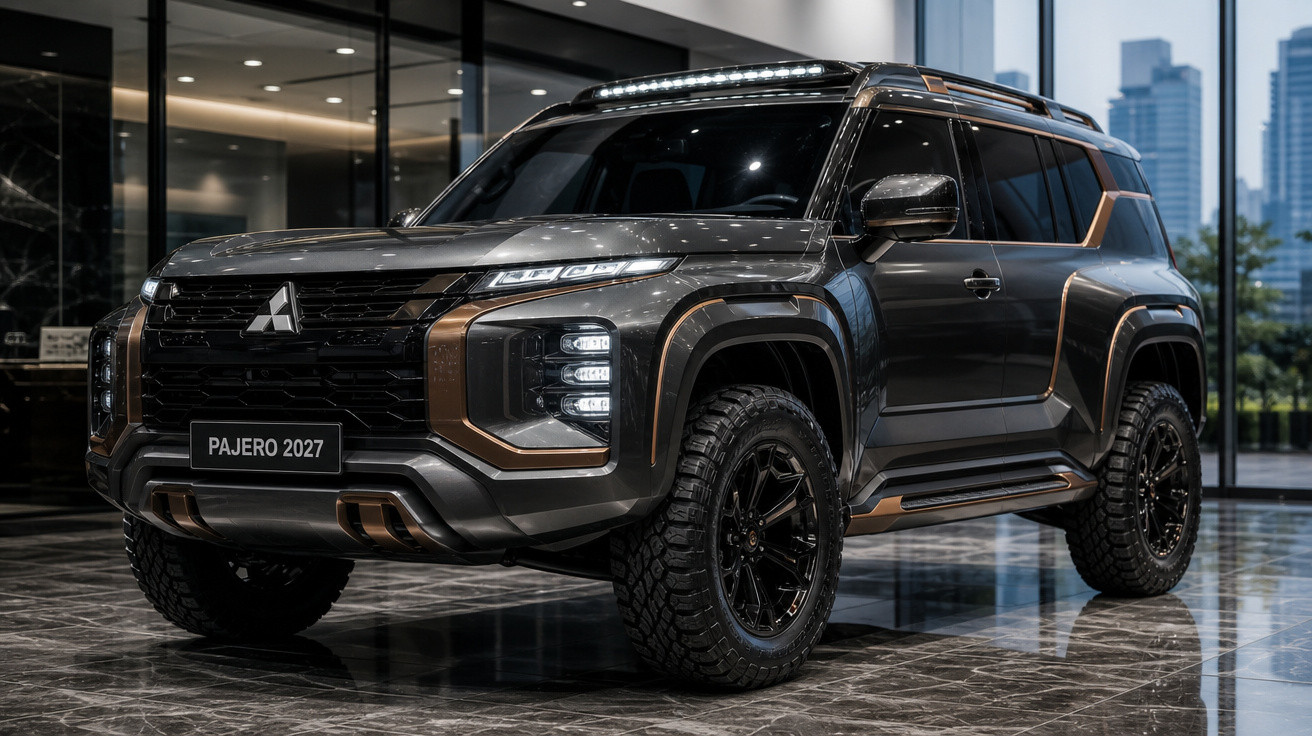 SUV Mitsubishi Pajero 2027 cinza com detalhes em bronze, em ambiente interno moderno e urbano.