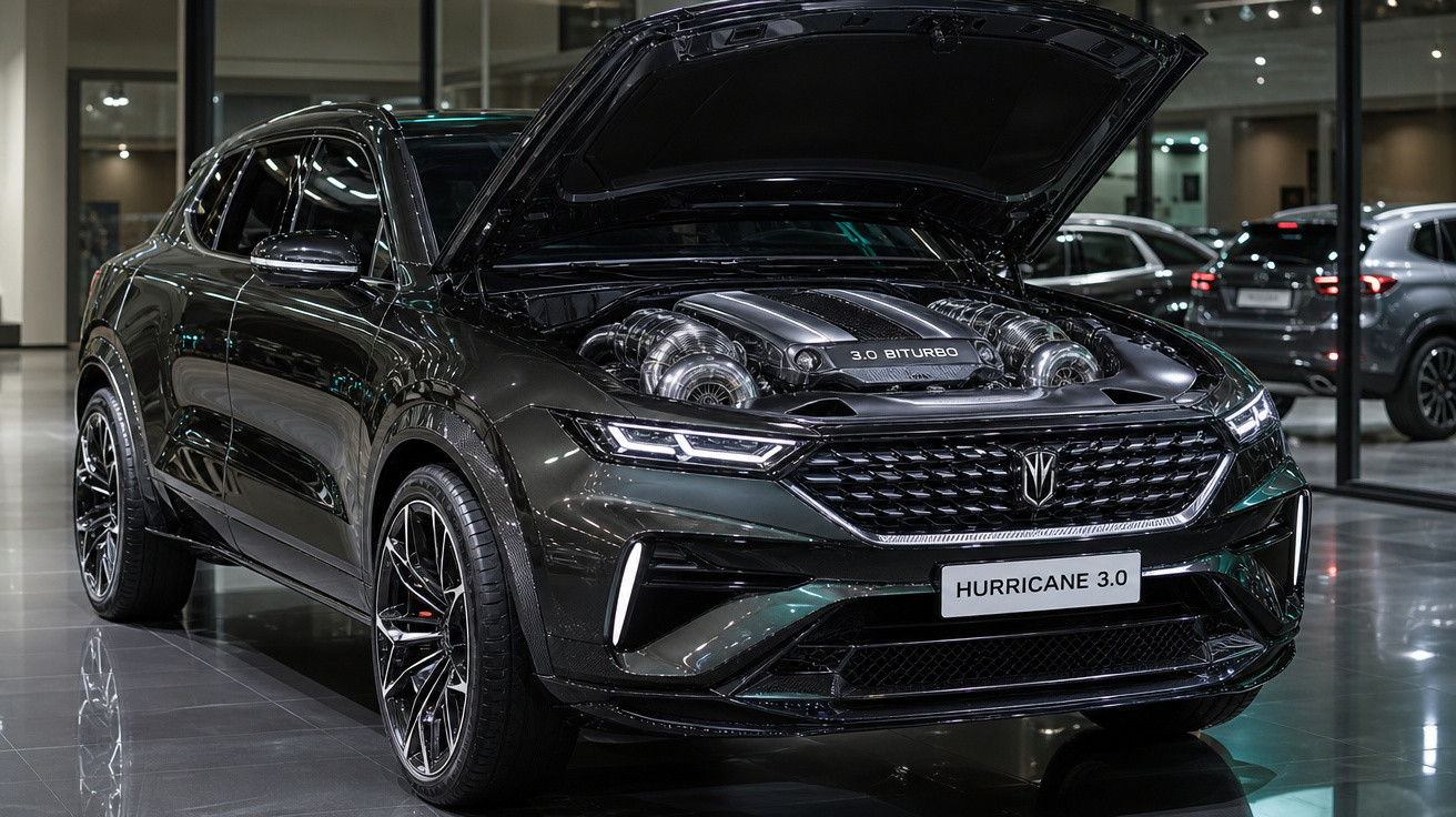 Carro SUV preto Hurricane 3.0 com capô aberto mostrando motor 3.0 biturbo em showroom moderno.