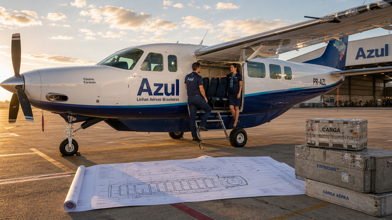 Avião pequeno da Azul estacionado no aeroporto, com tripulantes próximos e plantas no chão.