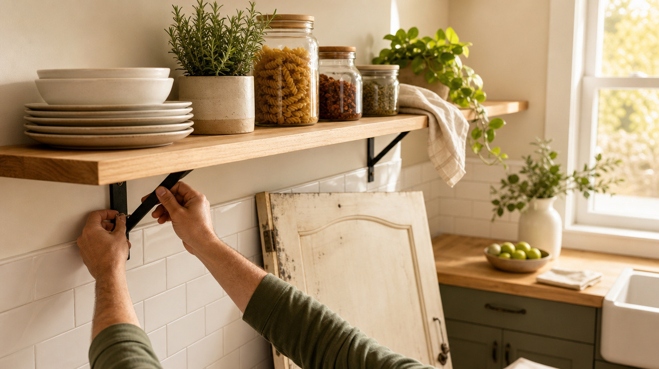 Pessoa instalando prateleira de madeira na cozinha com potes, plantas e utensílios ao fundo.