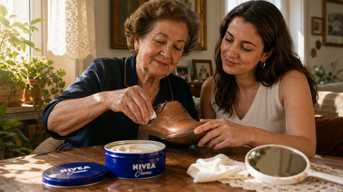 Mulher idosa e mulher jovem limpando sapato de couro marrom com creme Nivea em mesa de madeira.