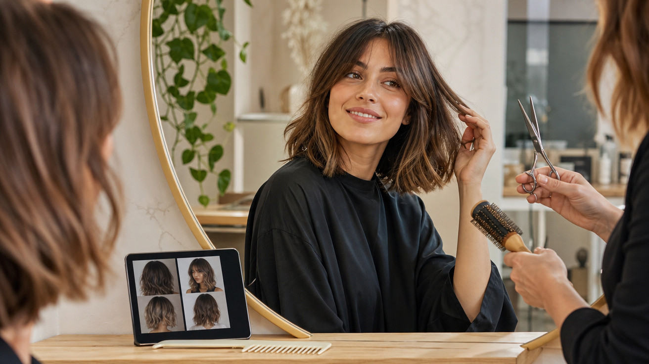 Mulher sorrindo no salão de beleza olhando o cabelo no espelho enquanto cabeleireira segura tesoura e escova.