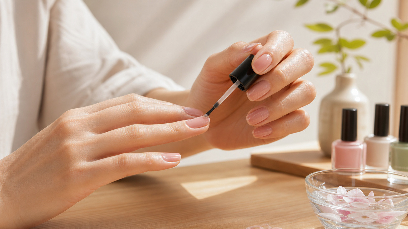 Pessoa aplicando esmalte transparente nas unhas com esmaltes coloridos e flores em um vaso ao fundo.