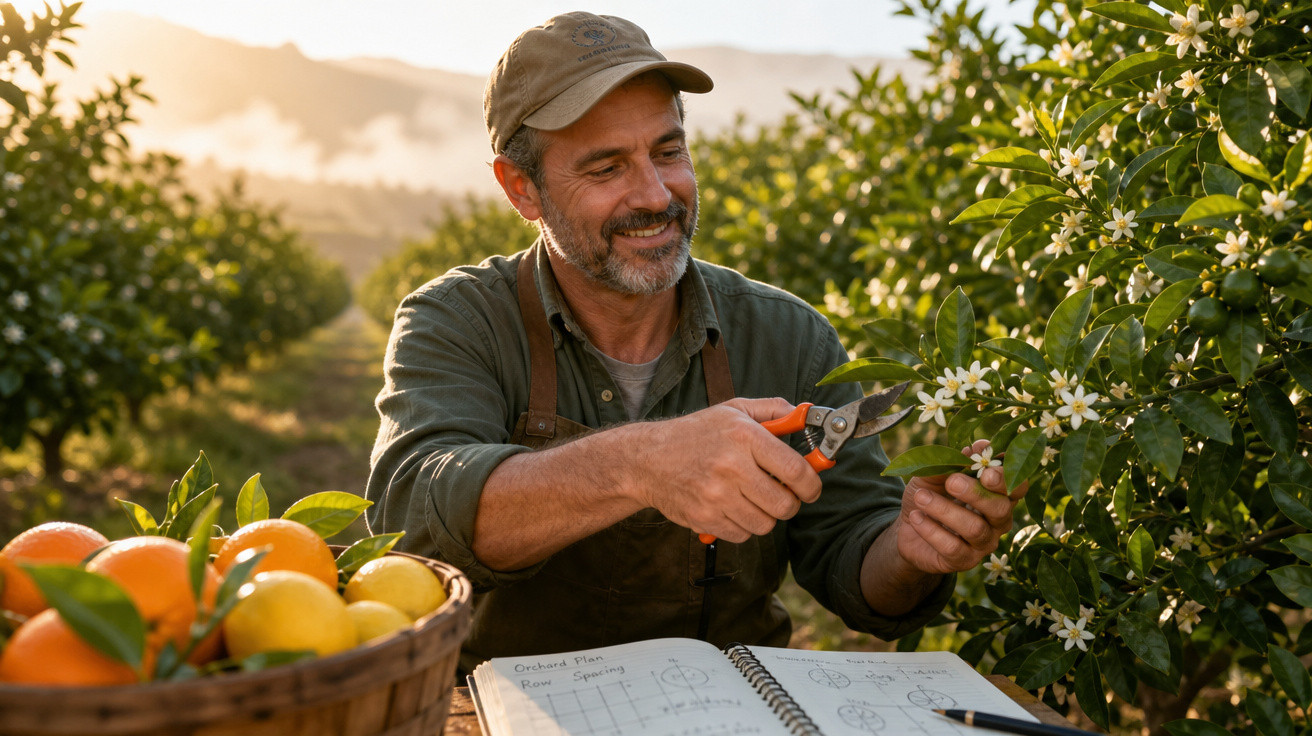 Homem sorridente com chapéu podando flores em laranjal ao pôr do sol, com cesta de frutas e caderno aberto.